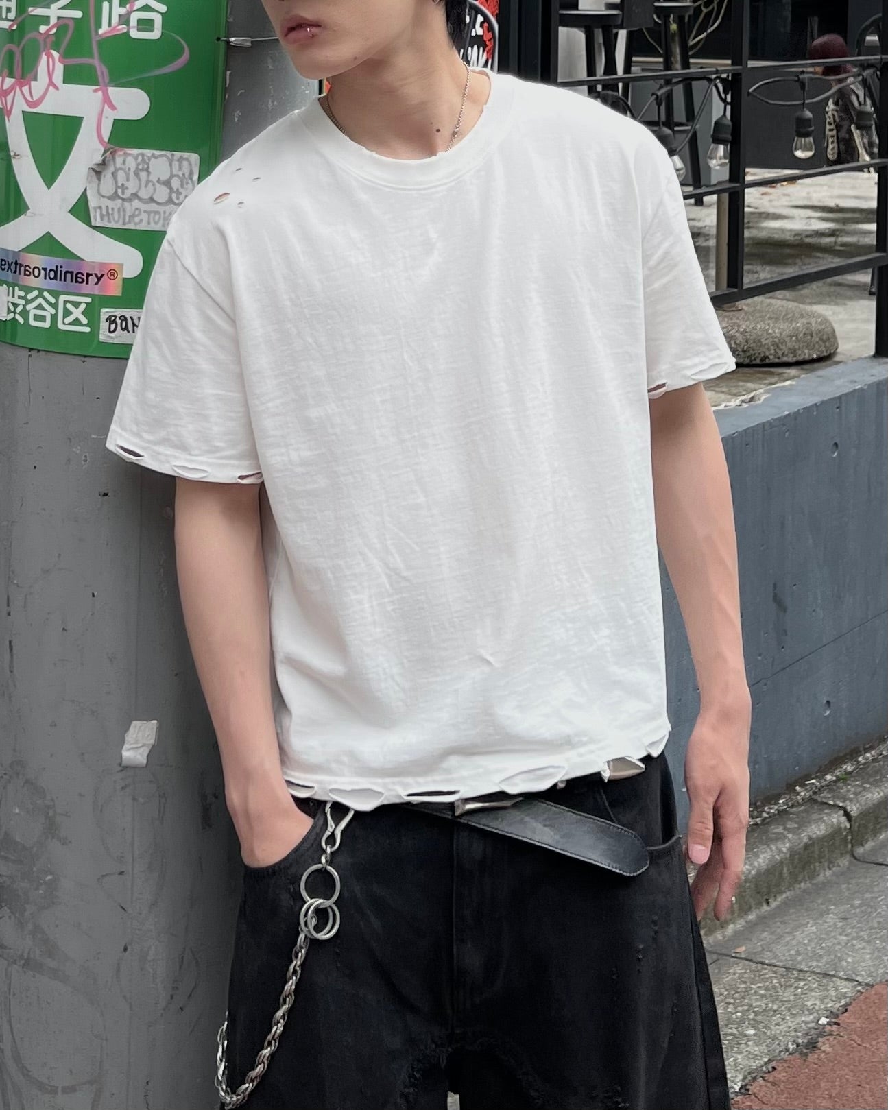 大阪店WEB限定受注制【Chikashitsu +】grunge damage crop t-shirt (3color)