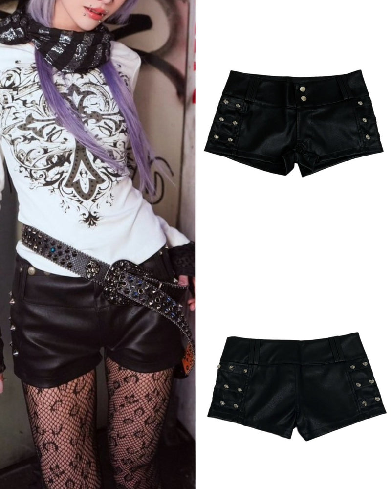 国際配送【BABY09】Studs PU Leather Micro Shorts