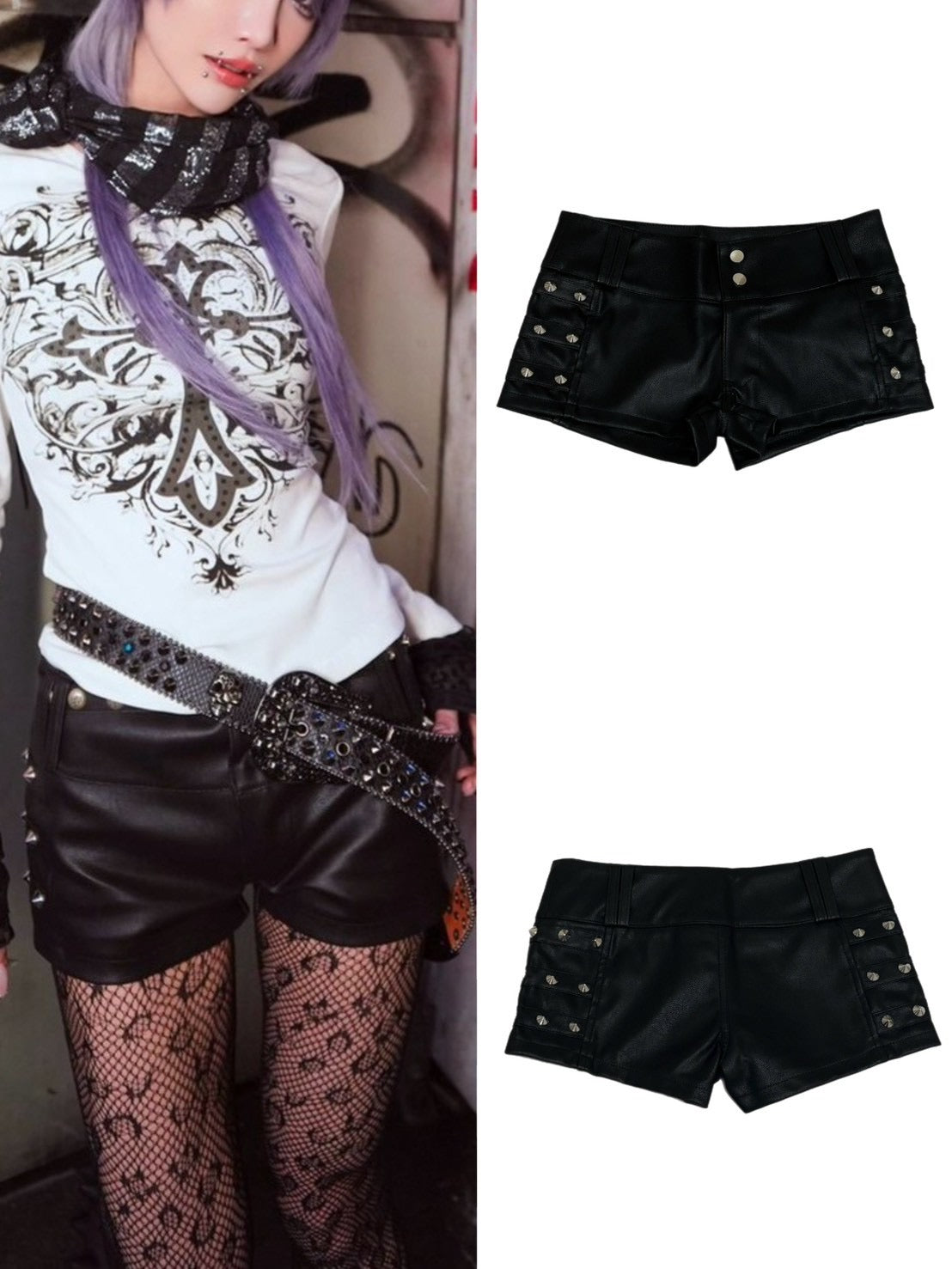 国際配送【BABY09】Studs PU Leather Micro Shorts