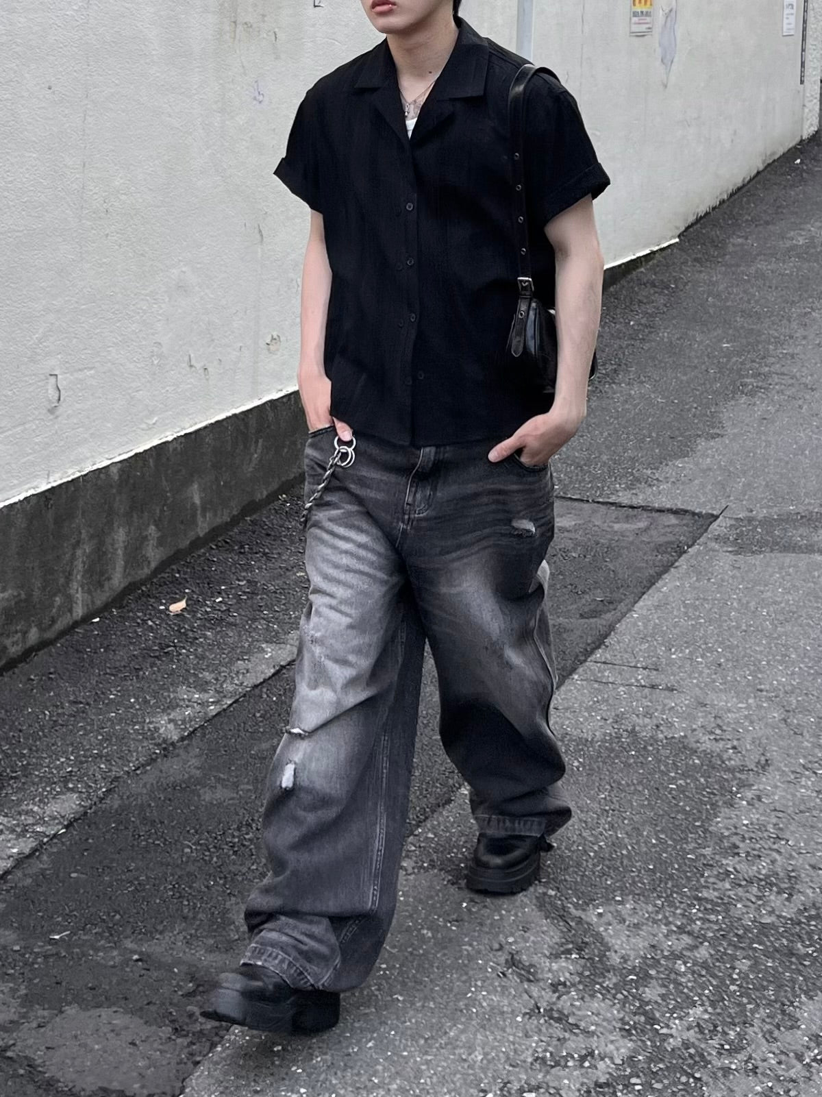 大阪店WEB限定受注制【Chikashitsu +】perforated open collar shirt (2color)