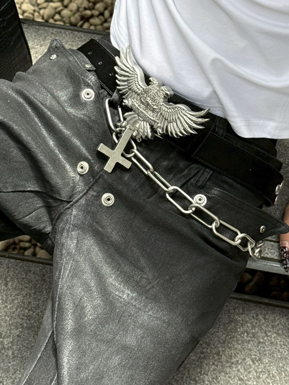 国際配送【Never mind the XU】coating black bell bottom flare pants