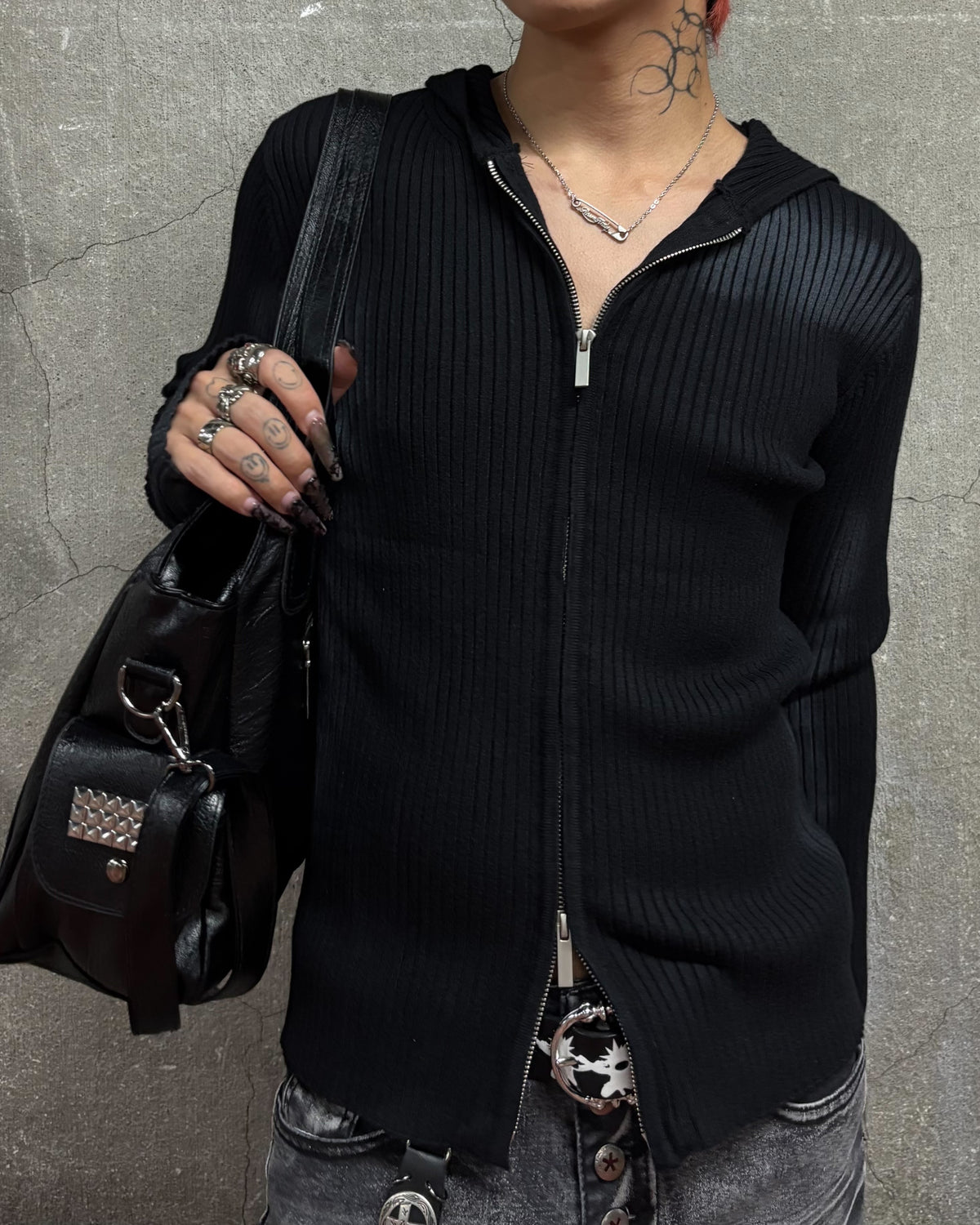 受注制【Never mind the XU】SPRAY WASH ZIP KNIT HOODIE (2color)