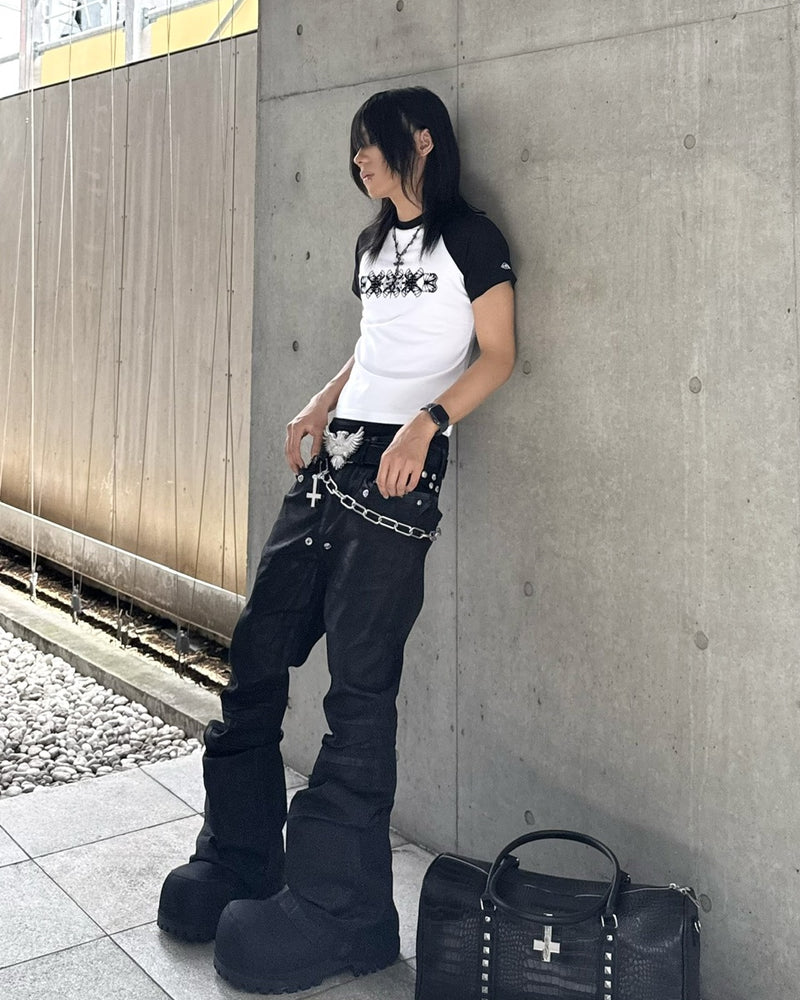 国際配送【Never mind the XU】coating black bell bottom flare pants