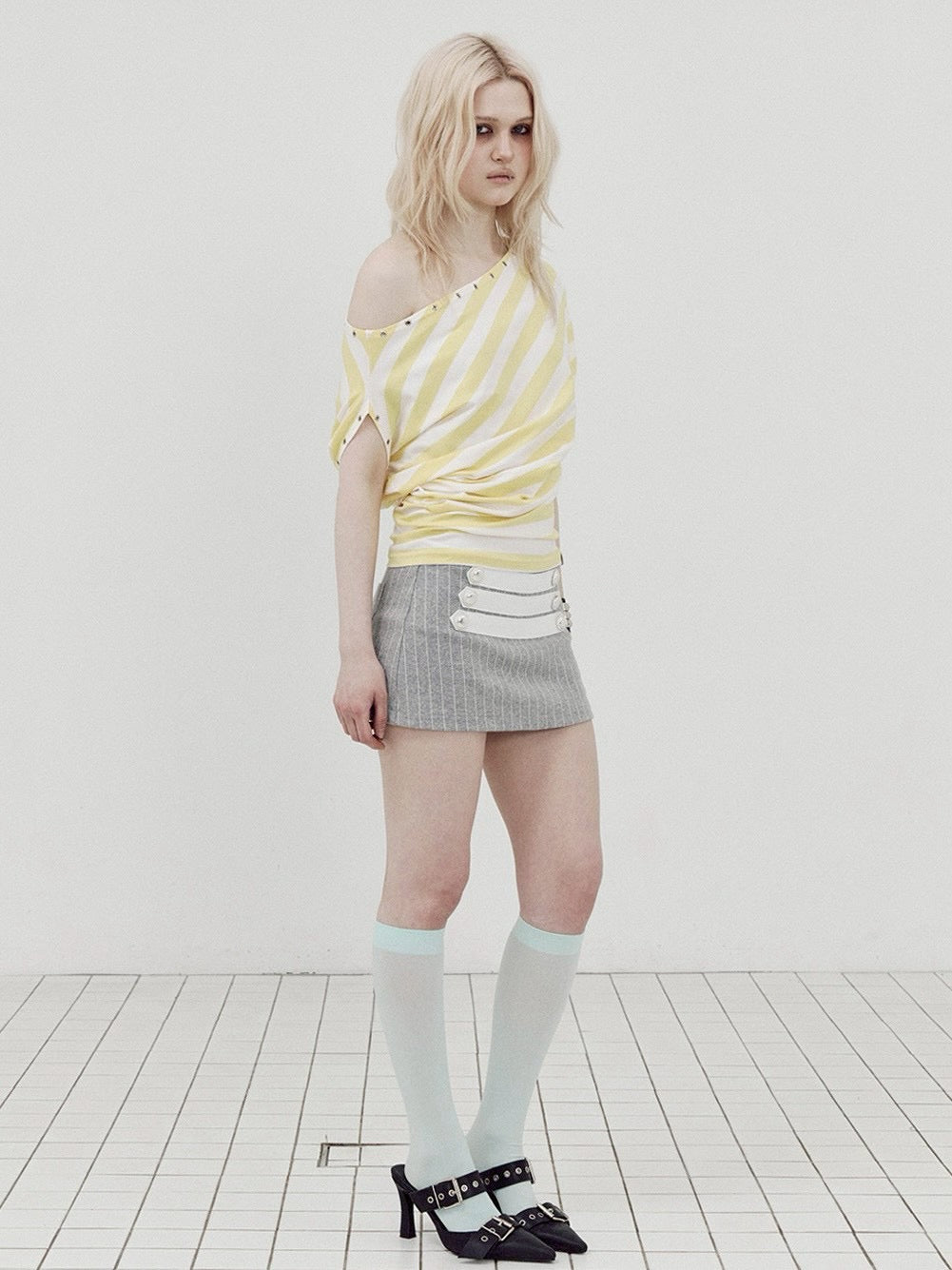 【SETUP-EXE】STRIPE EYELET DRAPE TOP