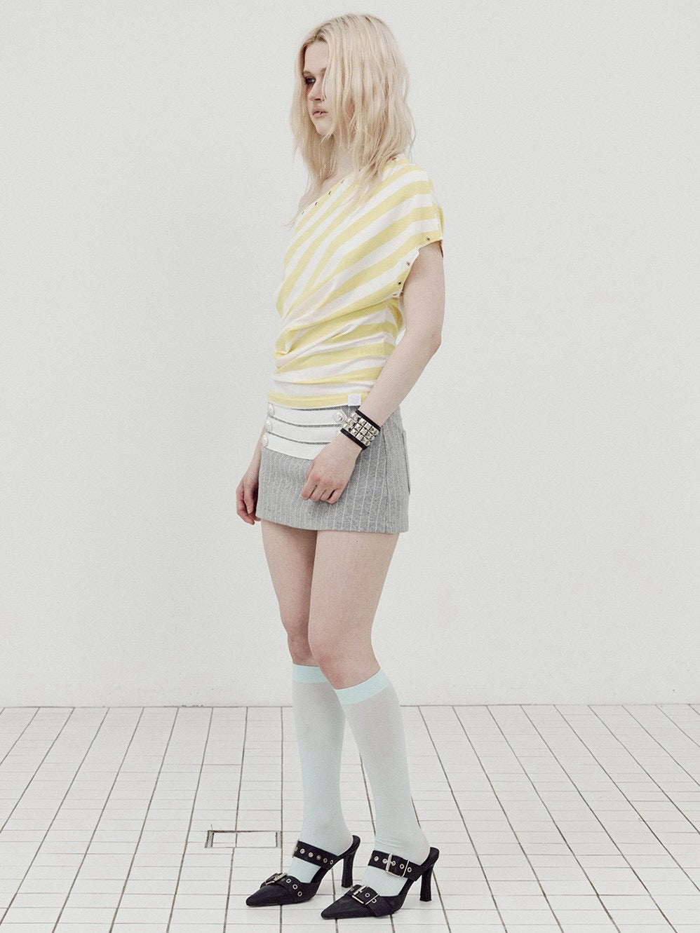 【SETUP-EXE】STRIPE EYELET DRAPE TOP