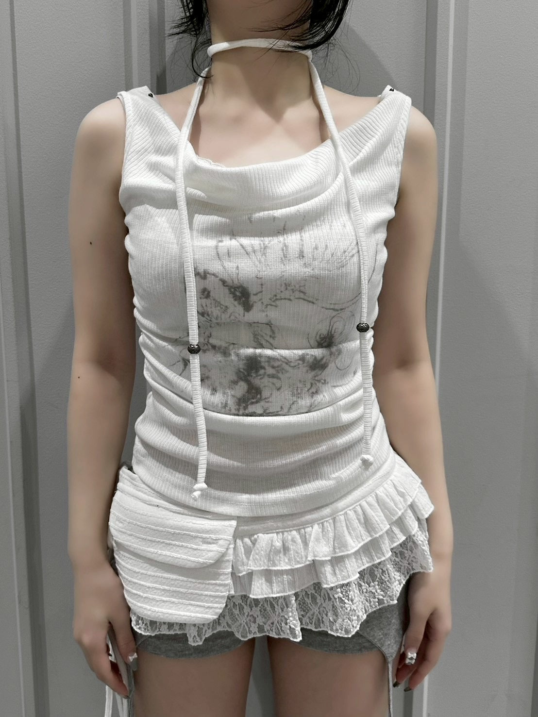 受注制【nmtc+】Doodle Lace Sleeveless Tee Muffler Set (2color)