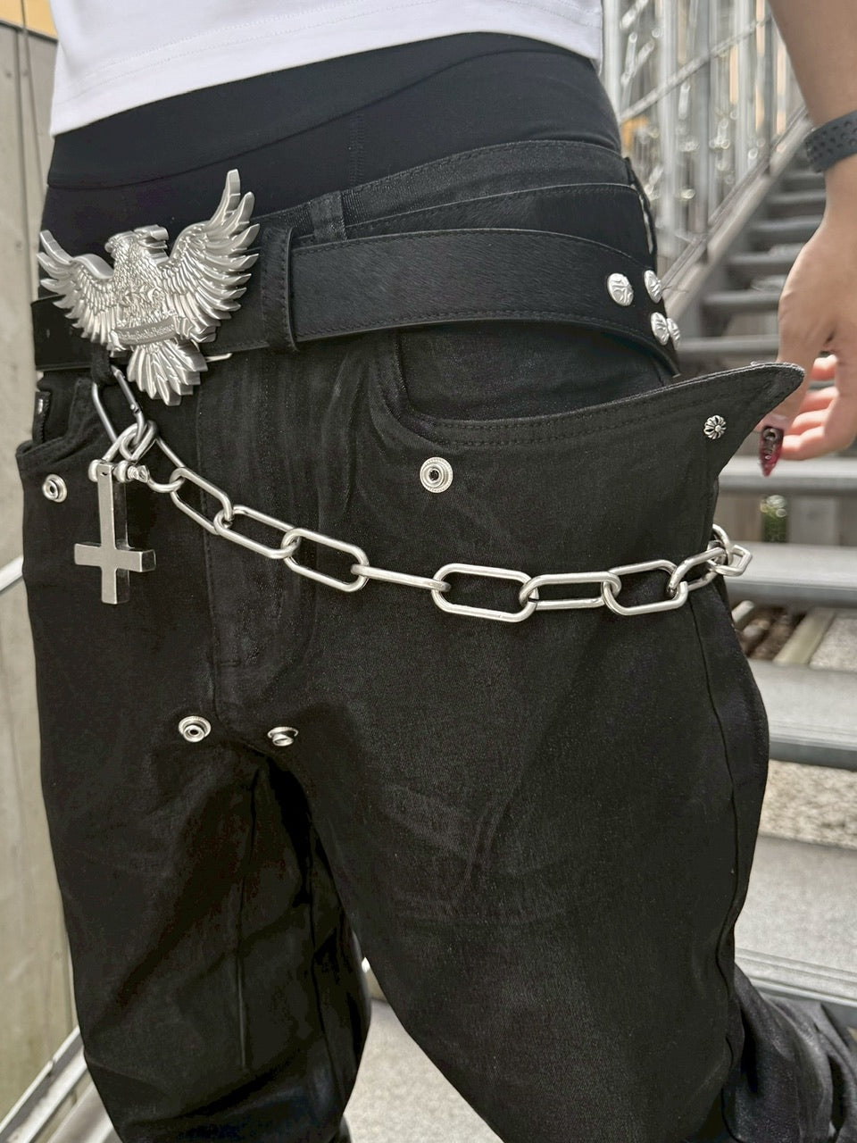 国際配送【Never mind the XU】coating black bell bottom flare pants