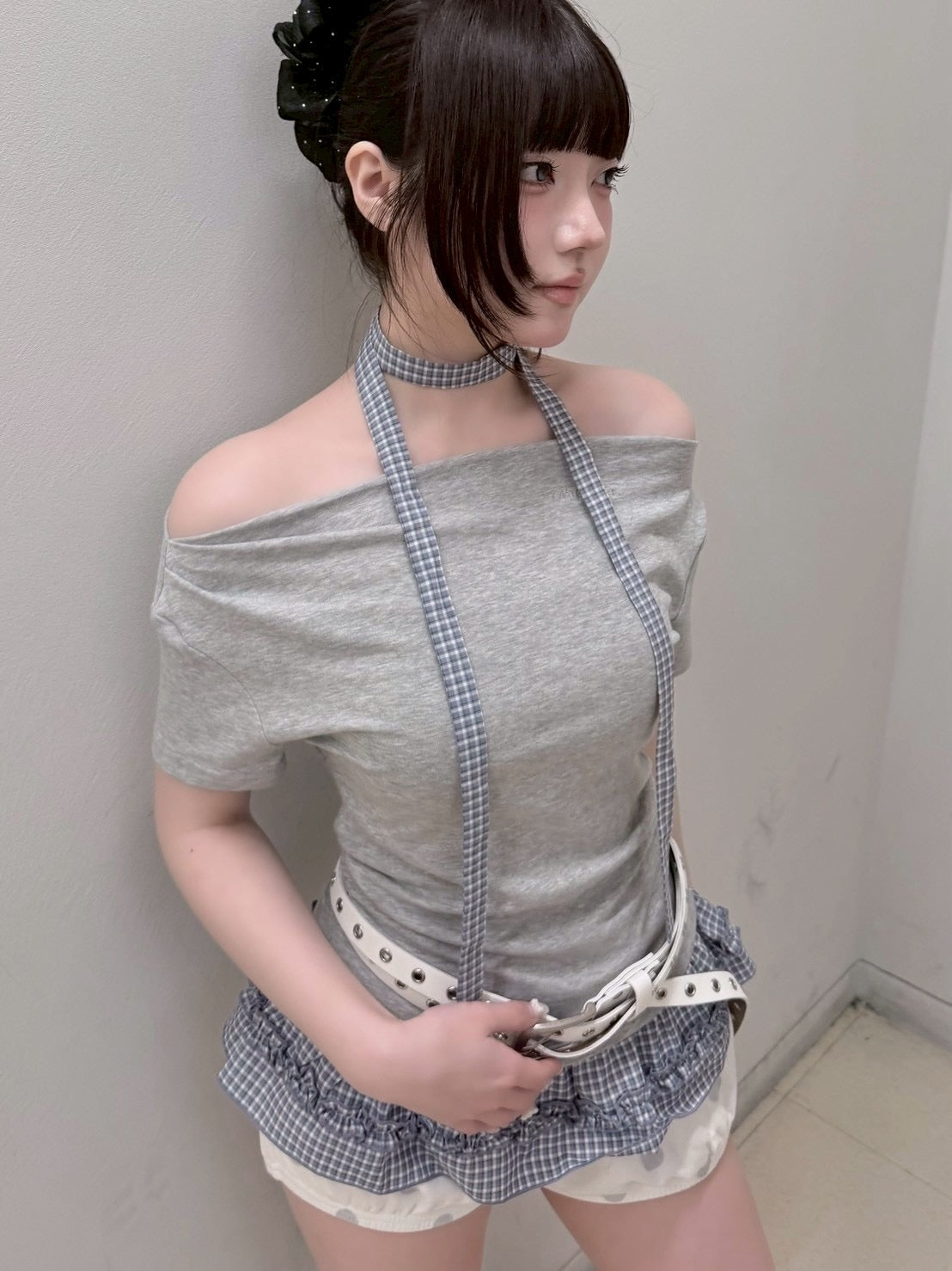 受注制【nmtc+】Check Frill Layered Tee Scarf Set (2color)