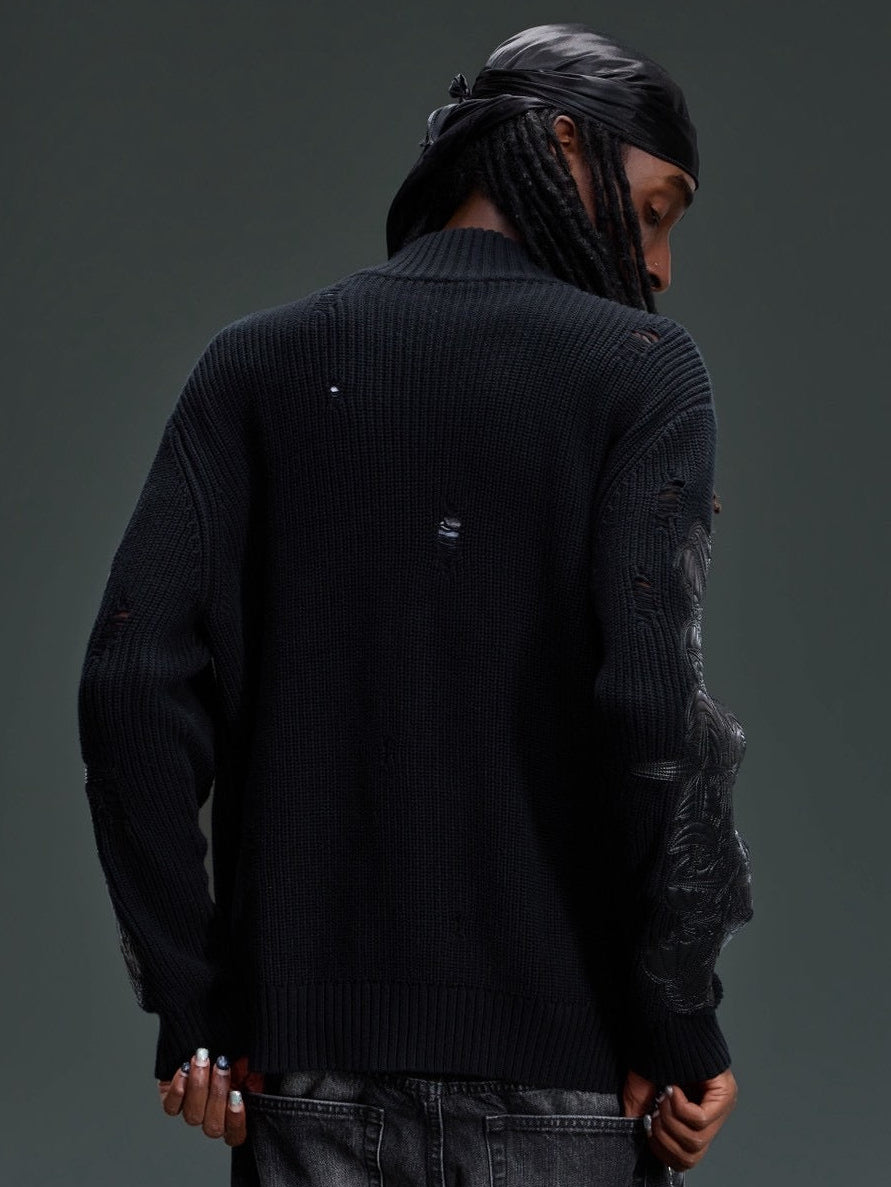 【The Boy Has No Patience】LEATHER PATCH DESTROYED ZIP SWEATER