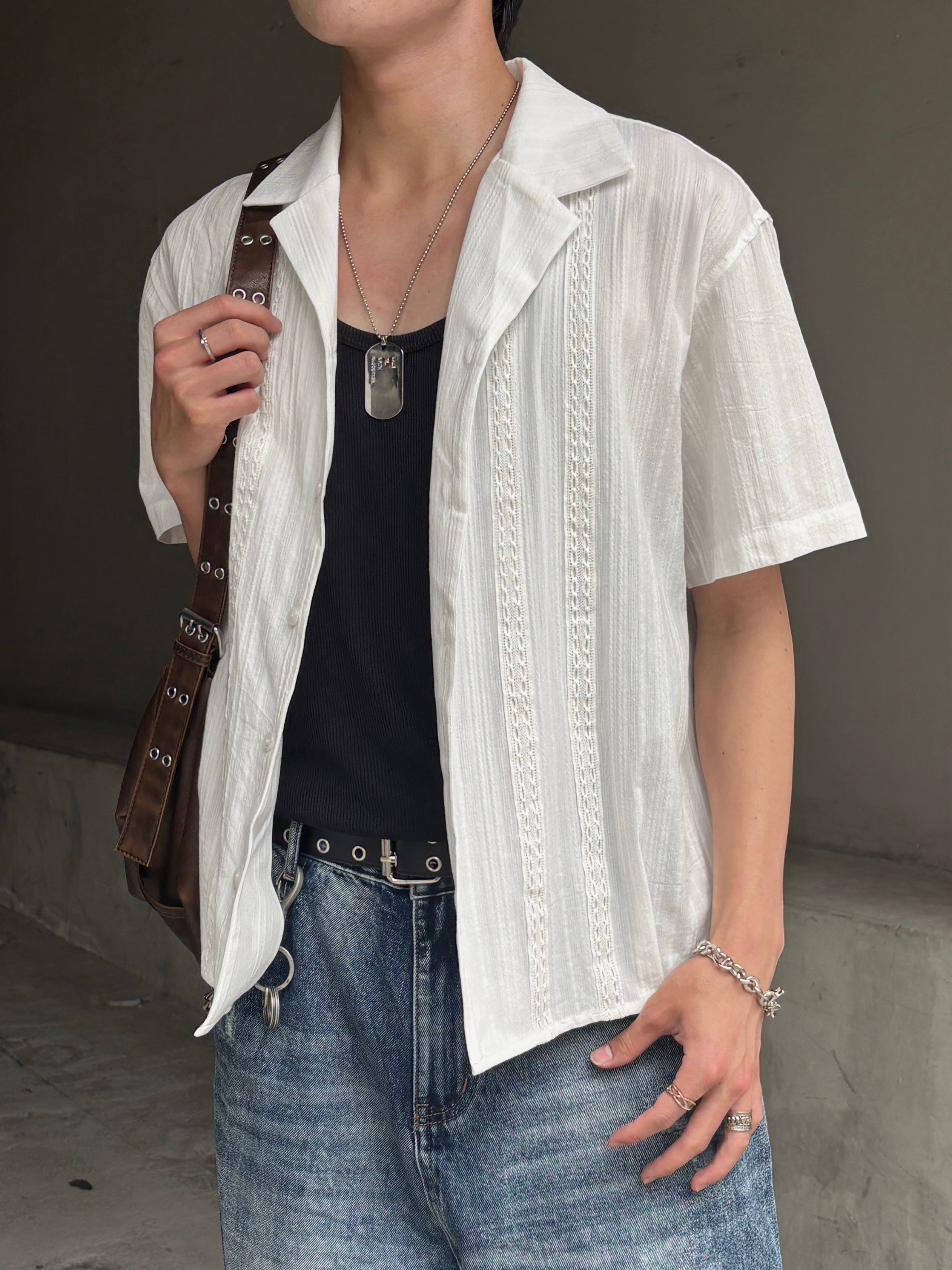 大阪店WEB限定受注制【Chikashitsu +】perforated open collar shirt (2color)