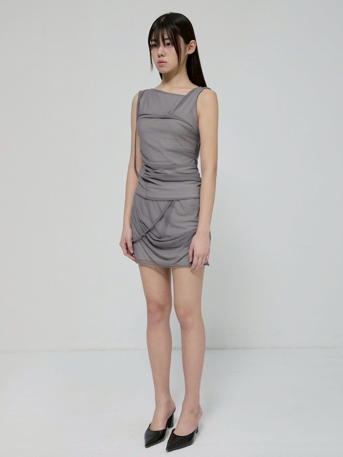 6/22 21:00発売【FLAREUP】Draped Mesh Layered Mini Skirt