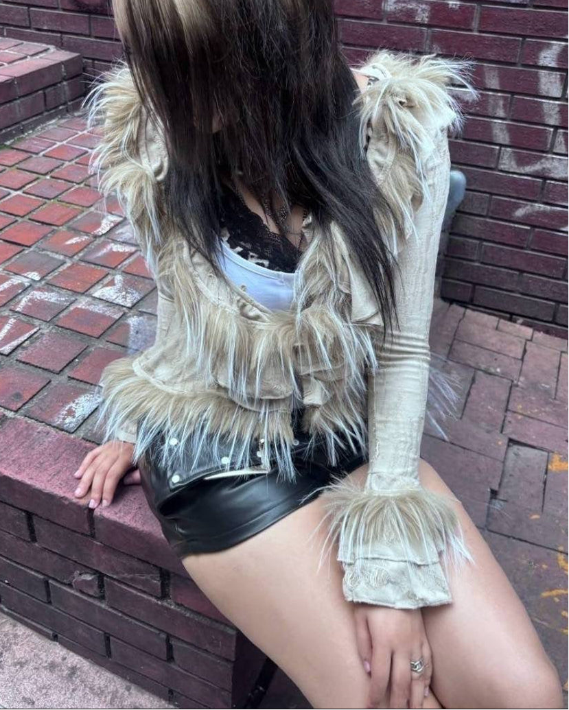 【BABY09】fur damage frill cardigan