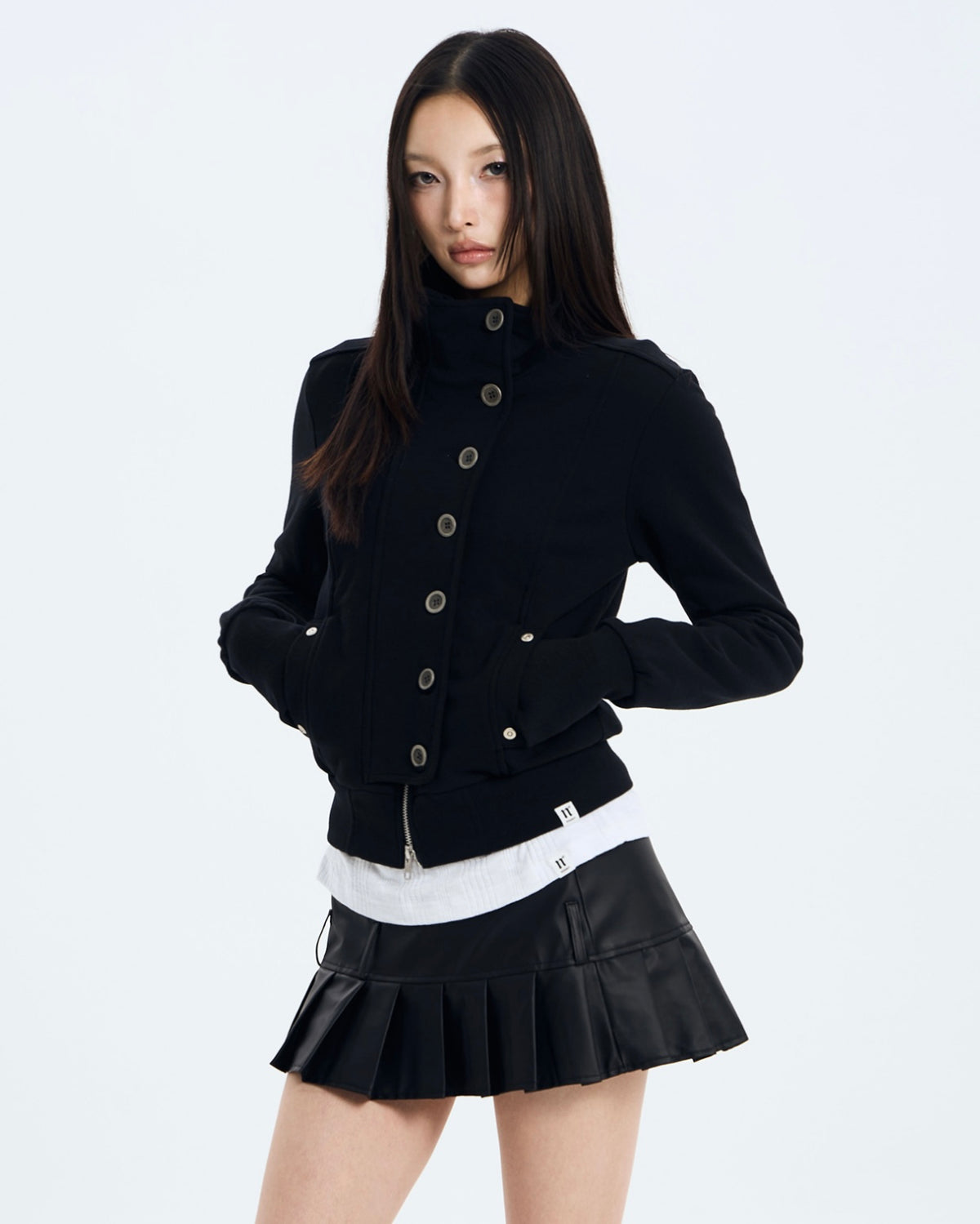 【NOT KNOWING】Button High Neck Zip Up