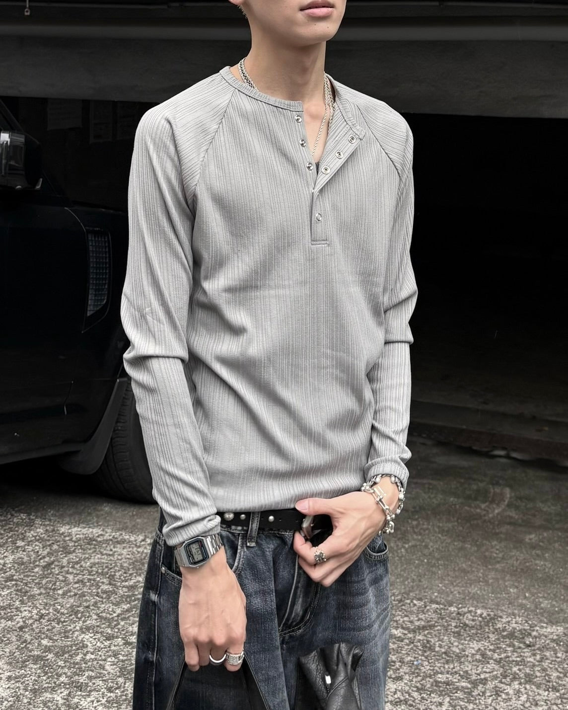 受注制【nmtc+】Snap henley neck ribbed slim top (4color)