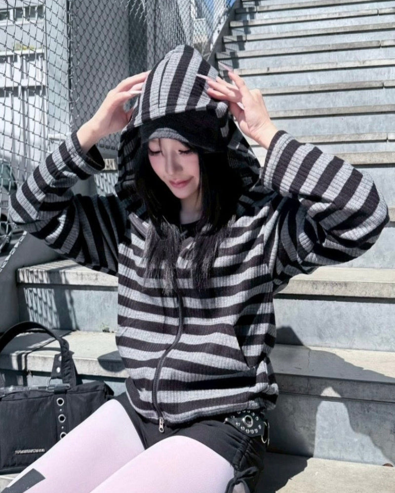 受注制【nmtc+】border crop double zip up hoodie (2color)