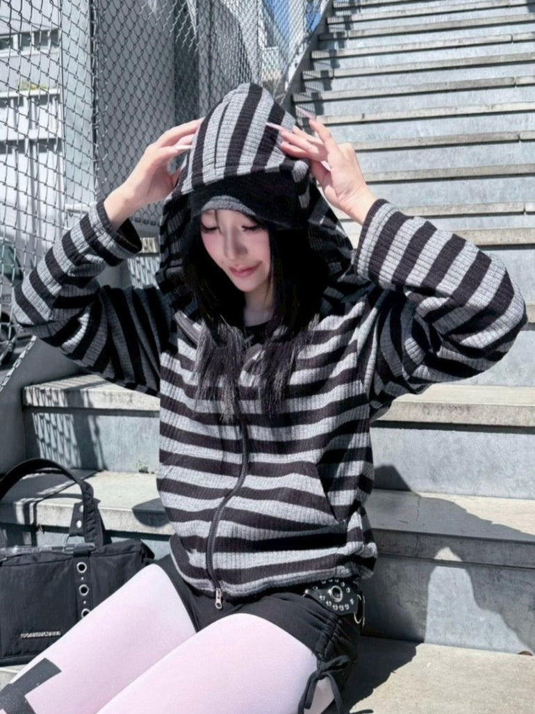 4/18 20:00発売 受注制【nmtc+】border crop double zip up hoodie (2color)