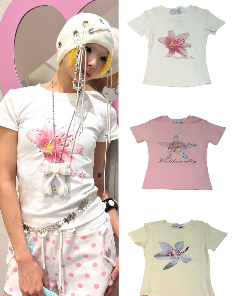 国際配送【Never mind the XU】flower rhinestone tee (3color)