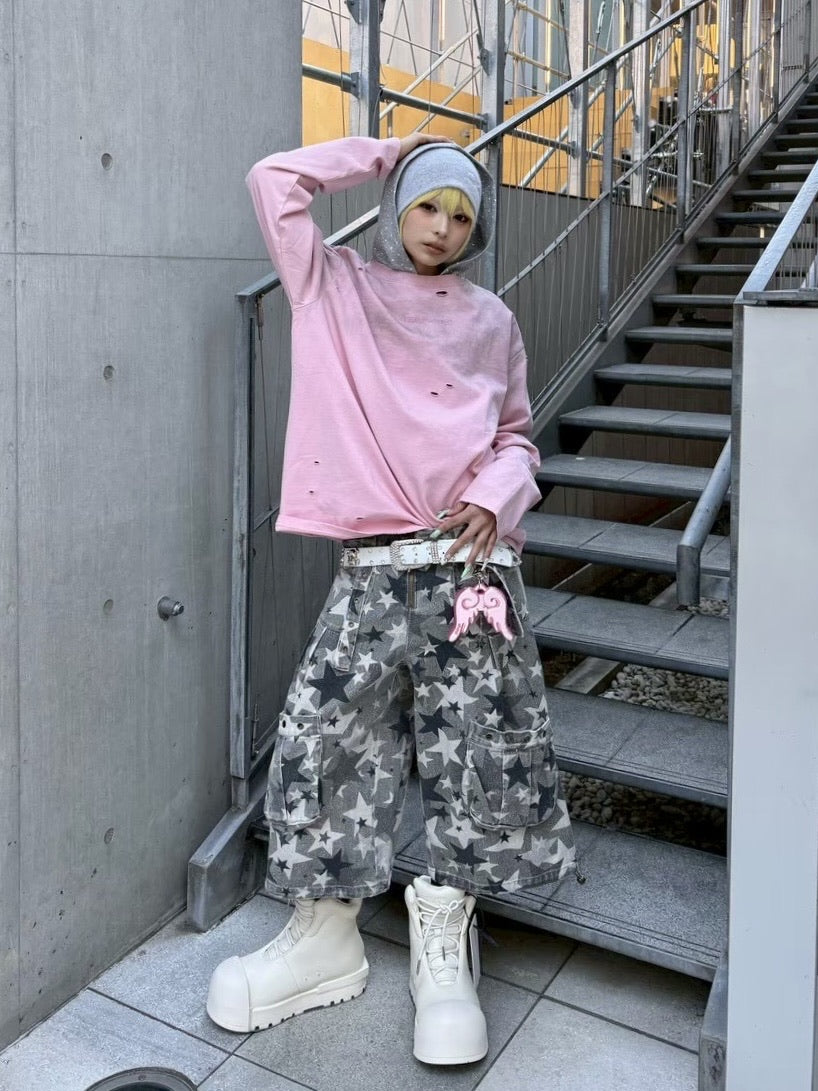 国際配送【Never mind the XU】damage washed long sleeve (3color)