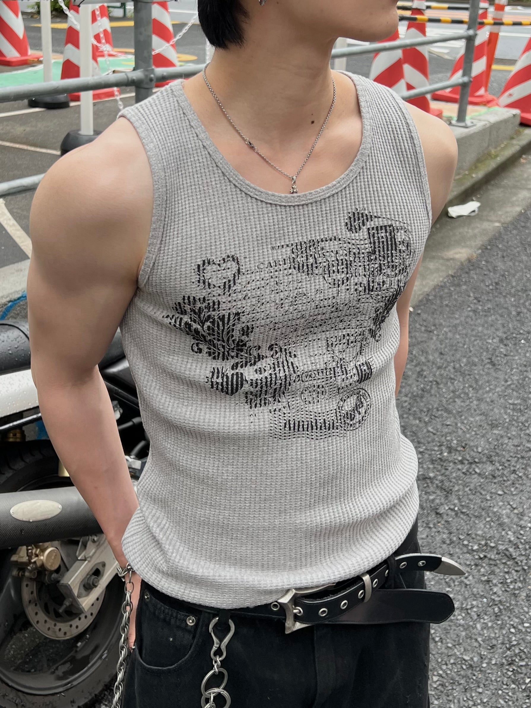 大阪店WEB限定受注制【Chikashitsu +】graphic waffle tank (2color)