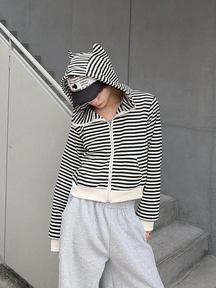 国際配送【LUV CODE】stripe cropped zip up hoodie