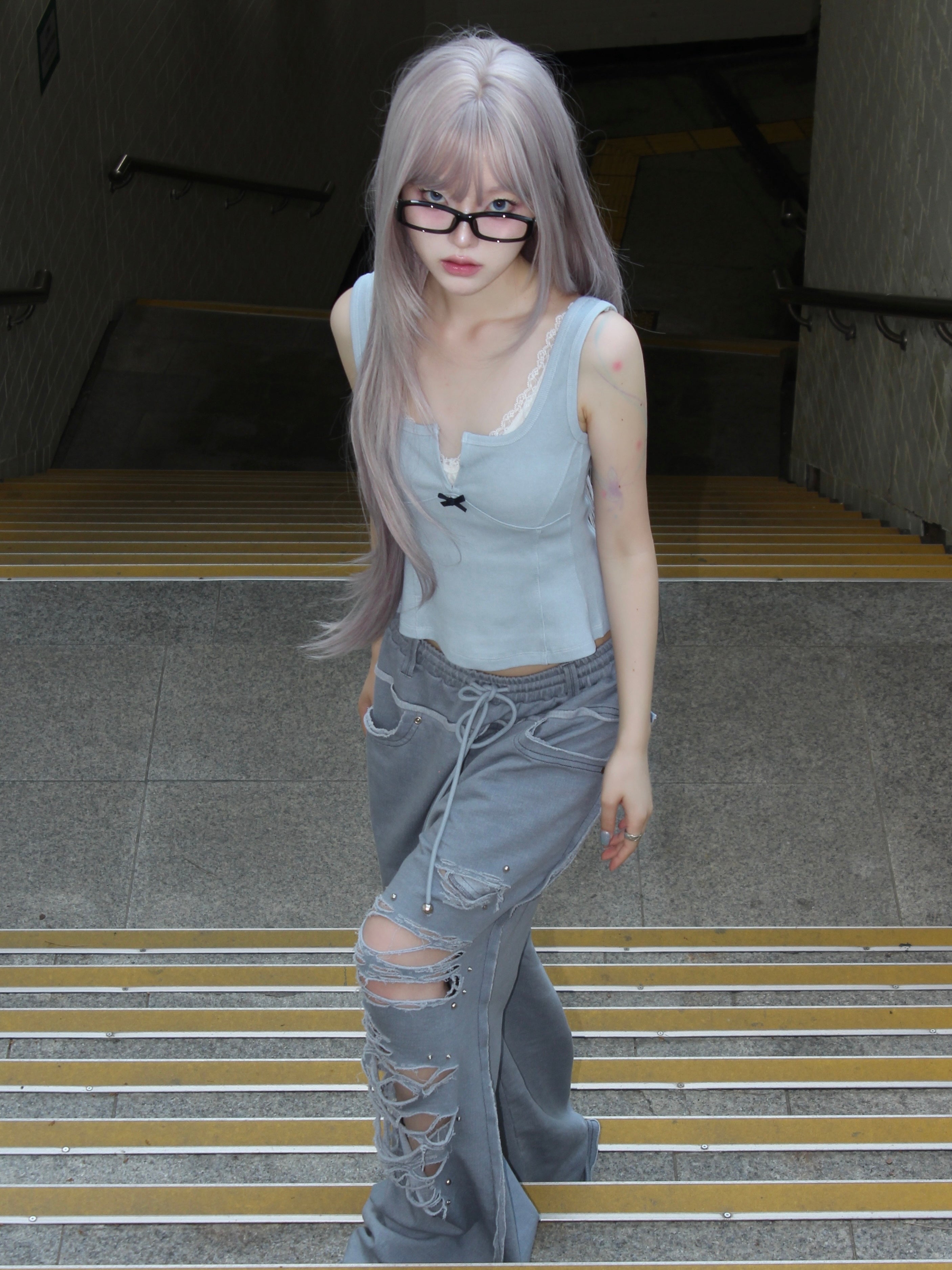 【CHERRYQUIRI】damage stud jogger pt