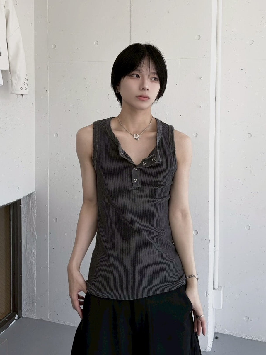 受注制【LUV CODE】pigment rib henley neck sleevesless (3color)