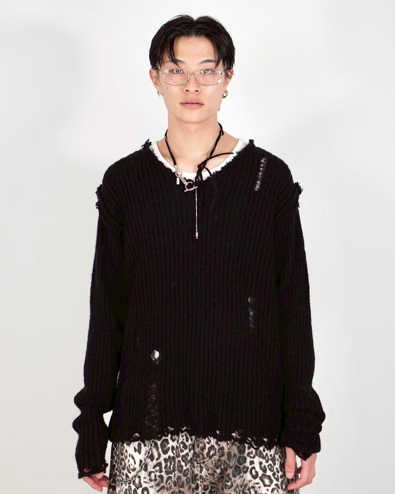 【Chikashitsu +】damage reverse v neck knit (3color)