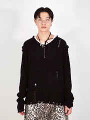 【Chikashitsu +】damage reverse v neck knit (3color)