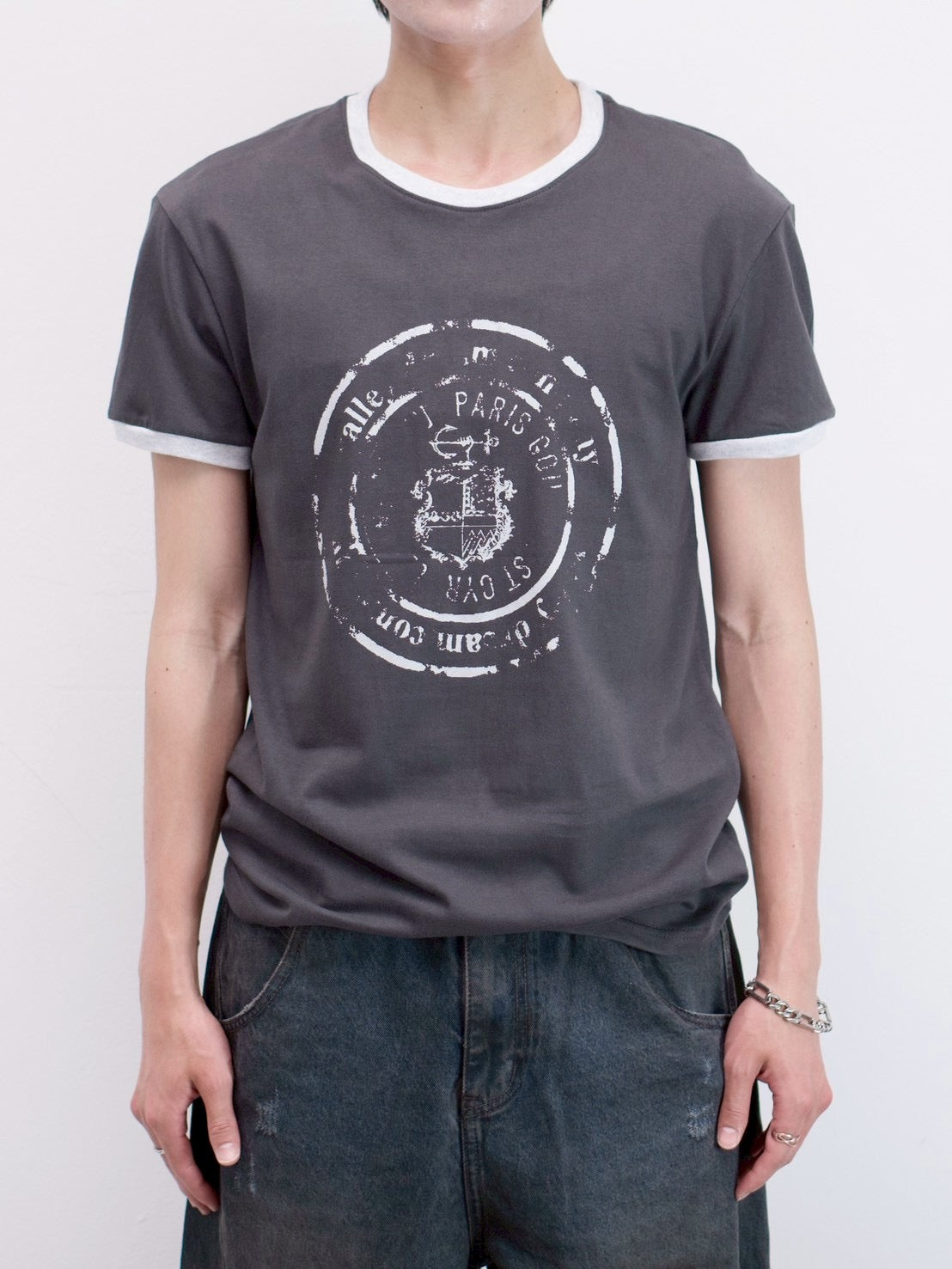 受注制【Chikashitsu +】stamp printing ringer tee (3color)