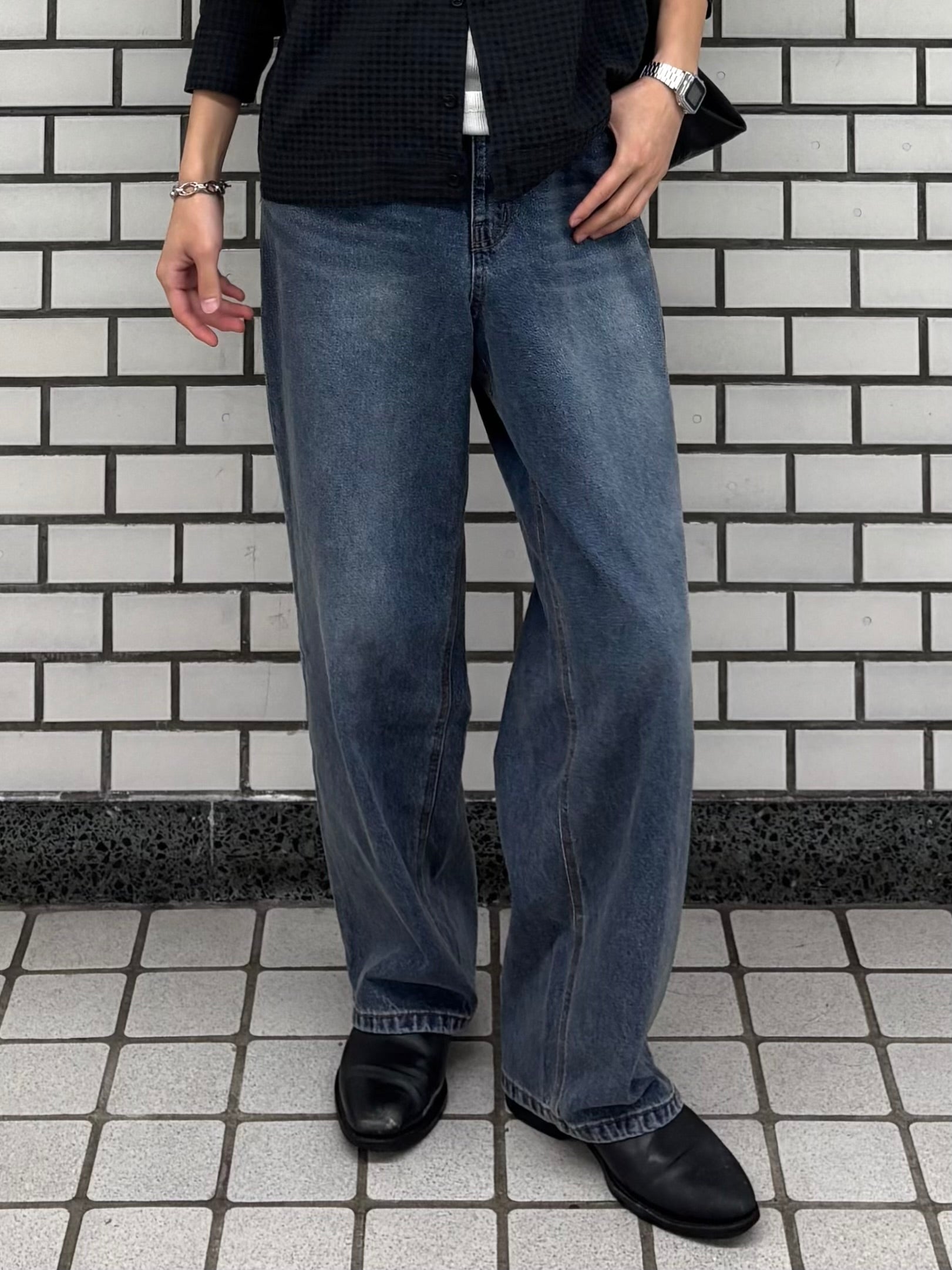 東京店WEB限定受注制【Chikashitsu +】washed wide straight denim pants (2color)