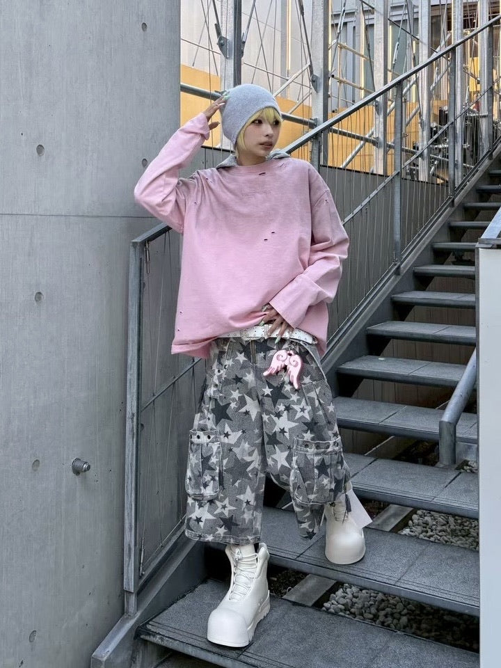 国際配送【Never mind the XU】damage washed long sleeve (3color)
