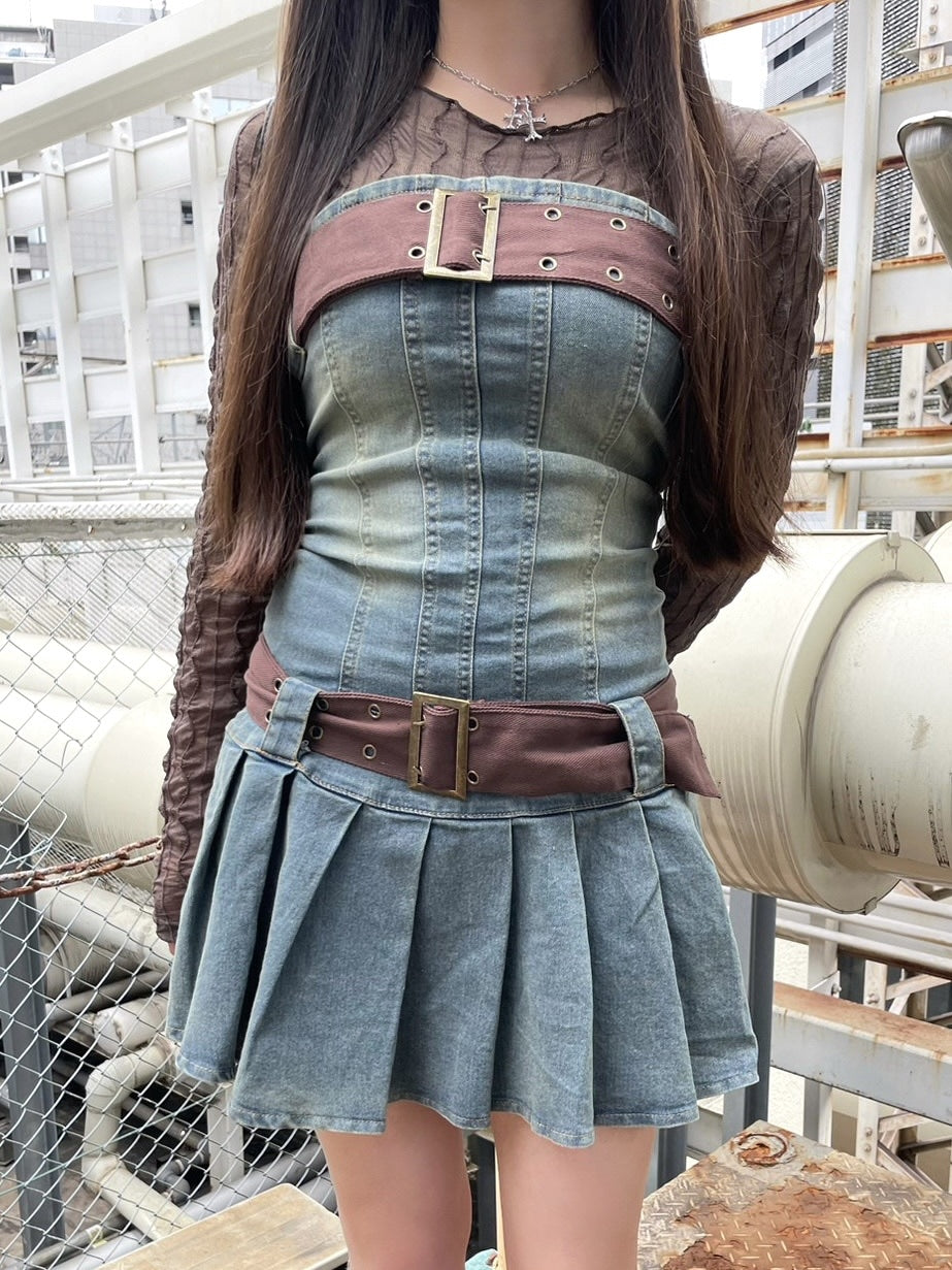 【Never mind the XU】2 belt denim one piece