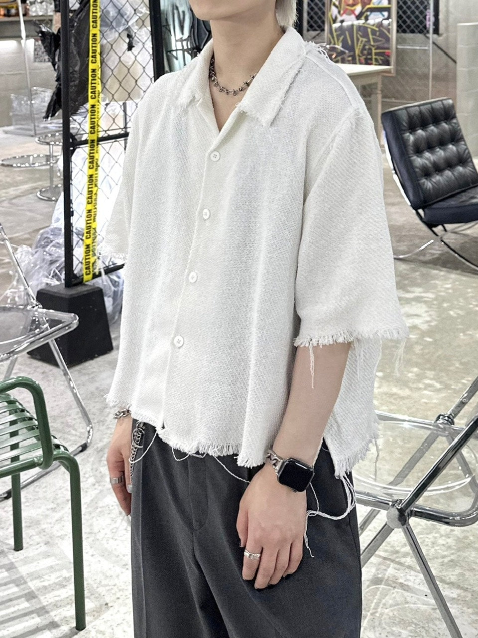 大阪店WEB限定受注制【Chikashitsu +】tweed cropped shirt (2color)