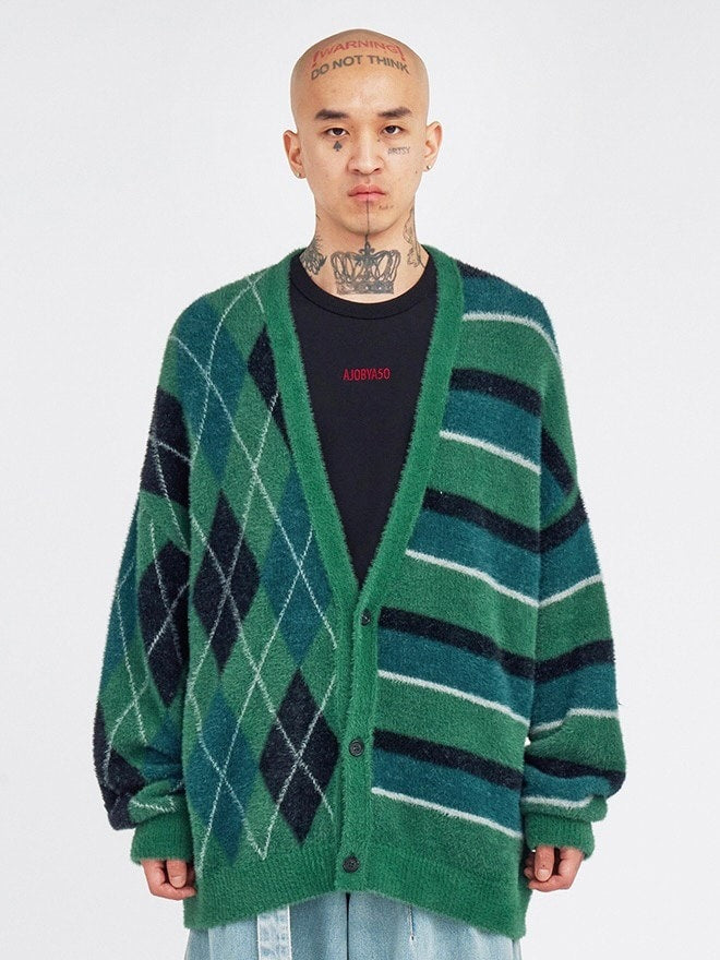 【AJOBYAJO】Argyle Stripe Mixed Cardigan / 【アジョバイアジョ】アーガイルストライプボーダーミックス長袖カーディガン