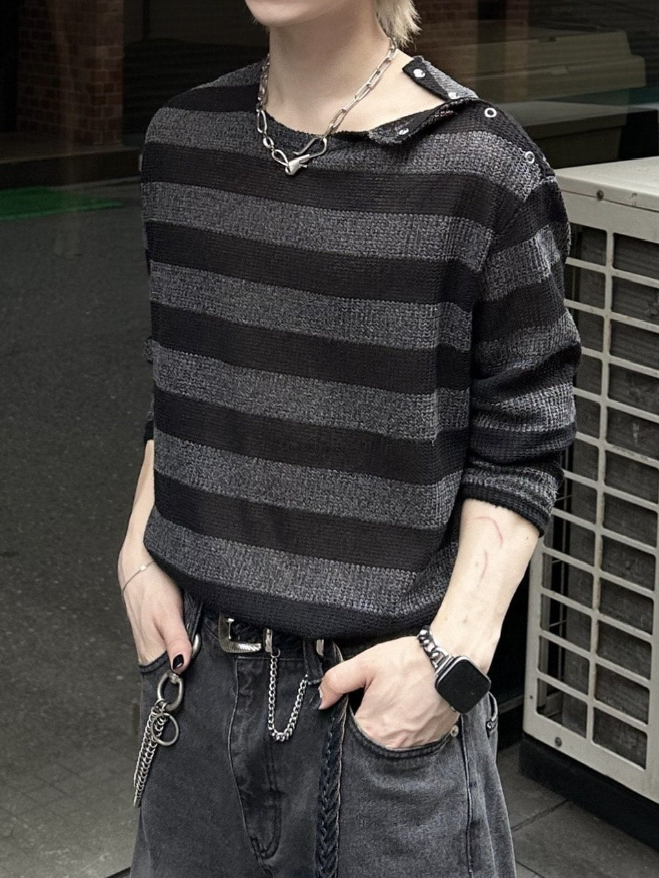 大阪店WEB限定受注制【Chikashitsu +】shoulder snap border knit (2color)