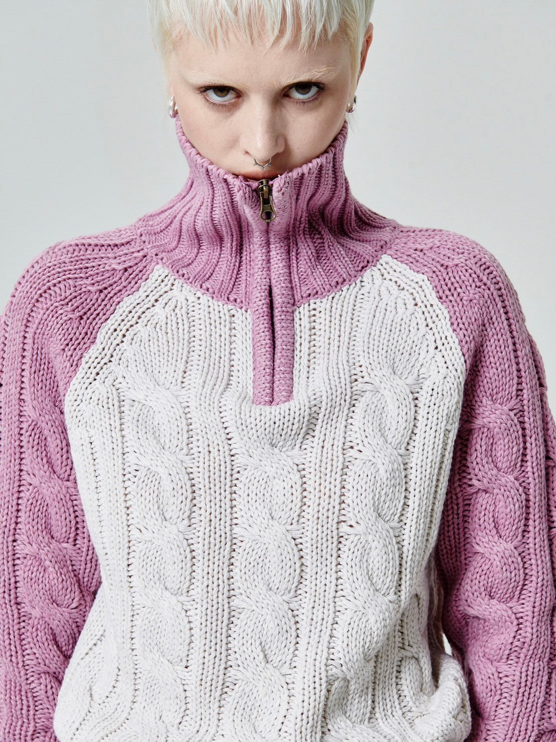 【runningHIGH】COLOR BLOCK TURTLENECK ZIP UP KNIT PULLOVER