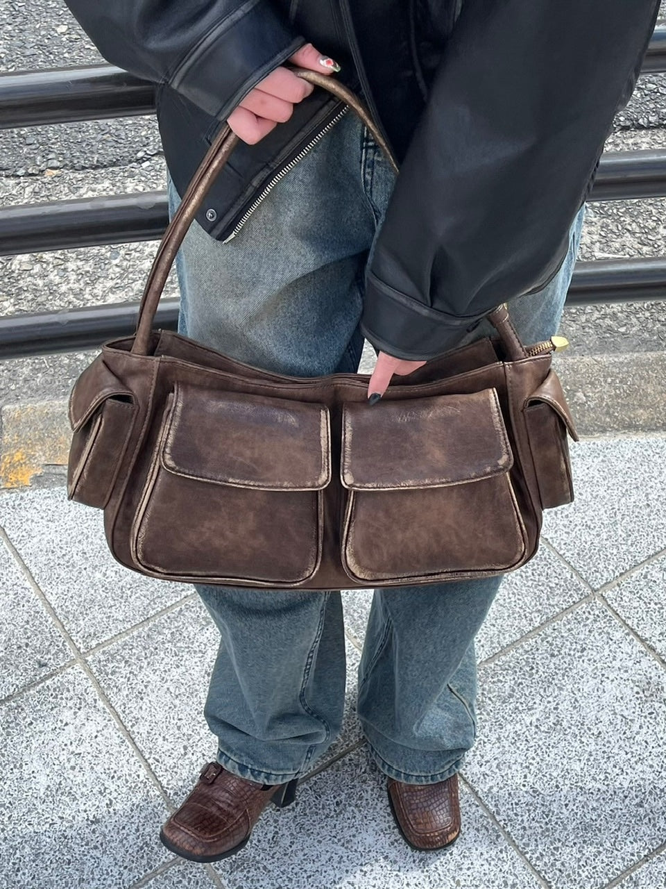 【Chikashitsu +】vintage leather hand bag (2color)