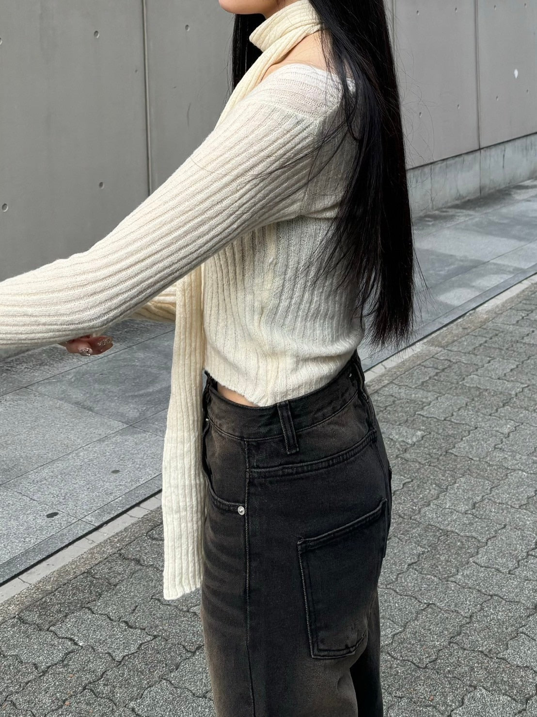 【Chikashitsu + LADIES】scarf set cropped knit tops (2color)