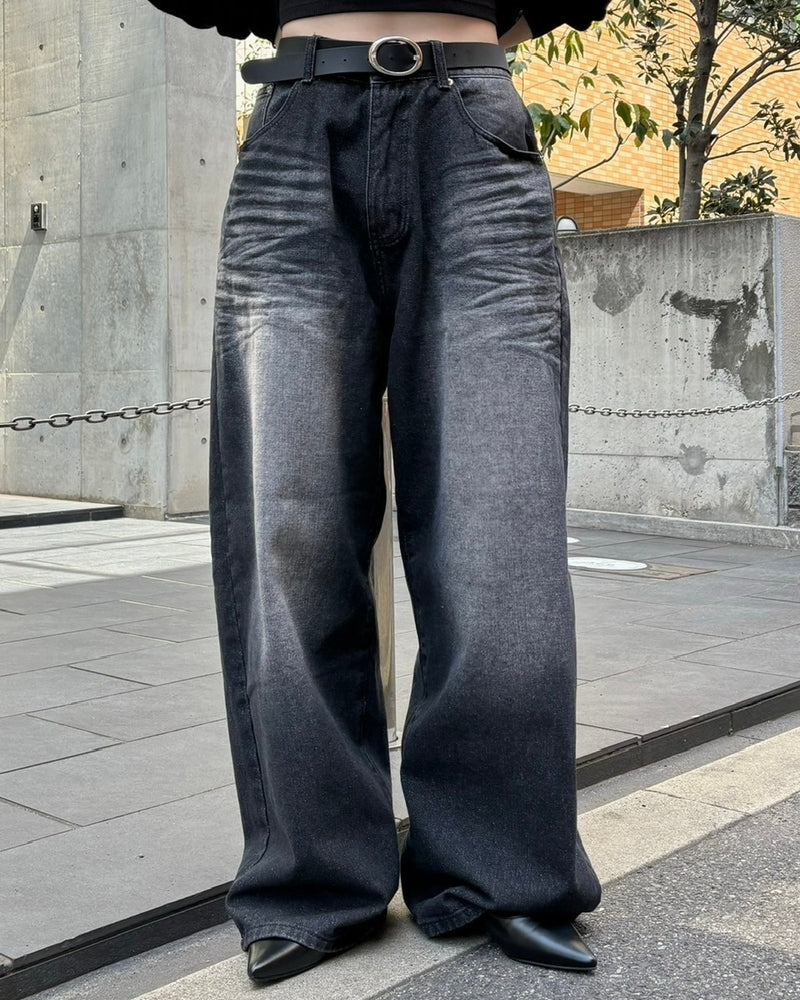 【Chikashitsu +】design washing wide denim pants (2color) / 【チカシツプラス】デザインウォッシングワイドデニムパンツ