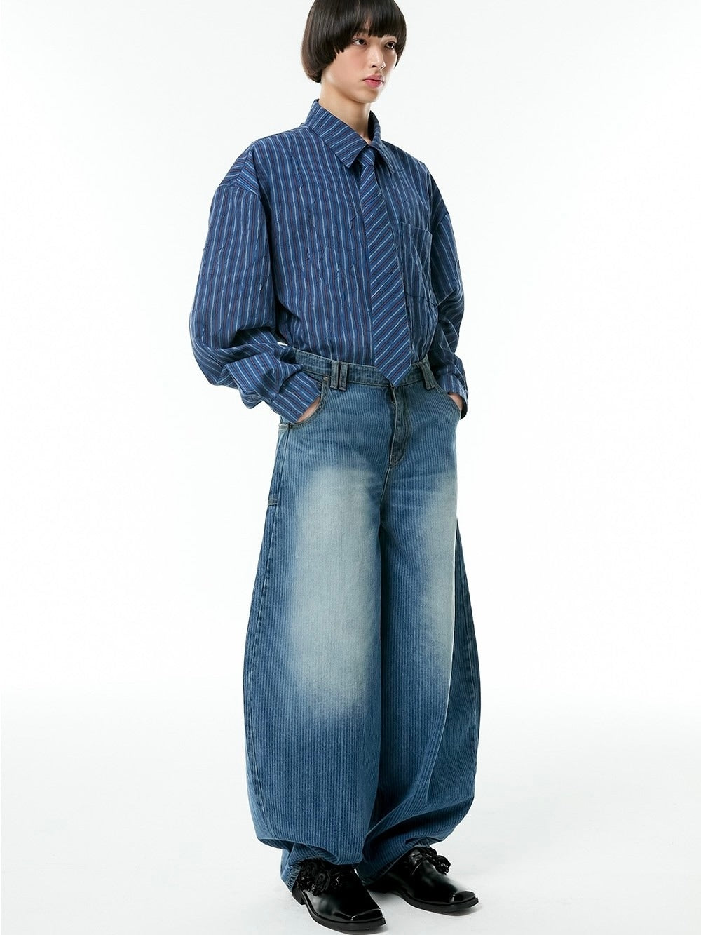 【ESC STUDIO】stripe laser washing denim baggy pants