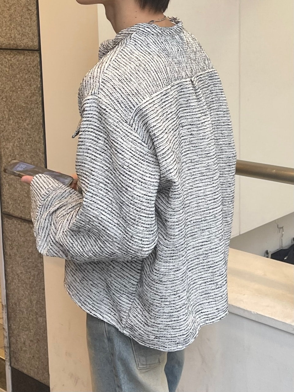 受注制【Chikashitsu +】no collar light tweed shirt (2color)