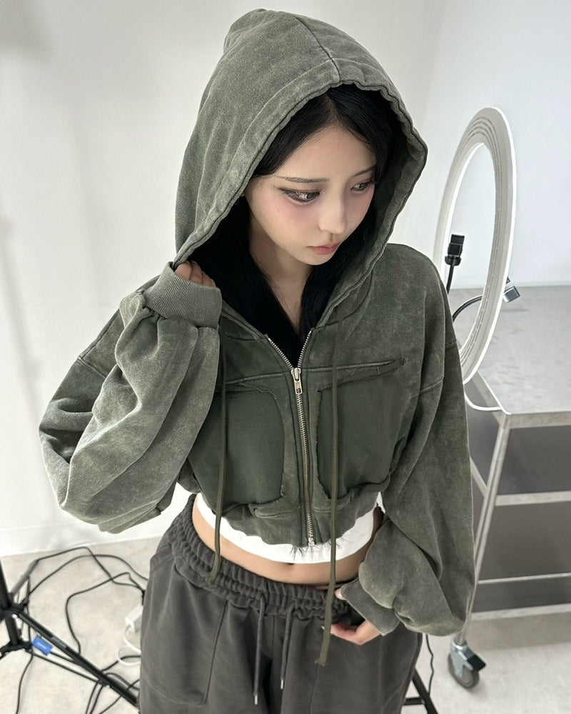 【Never mind the XU】washed crop zipup hoodie