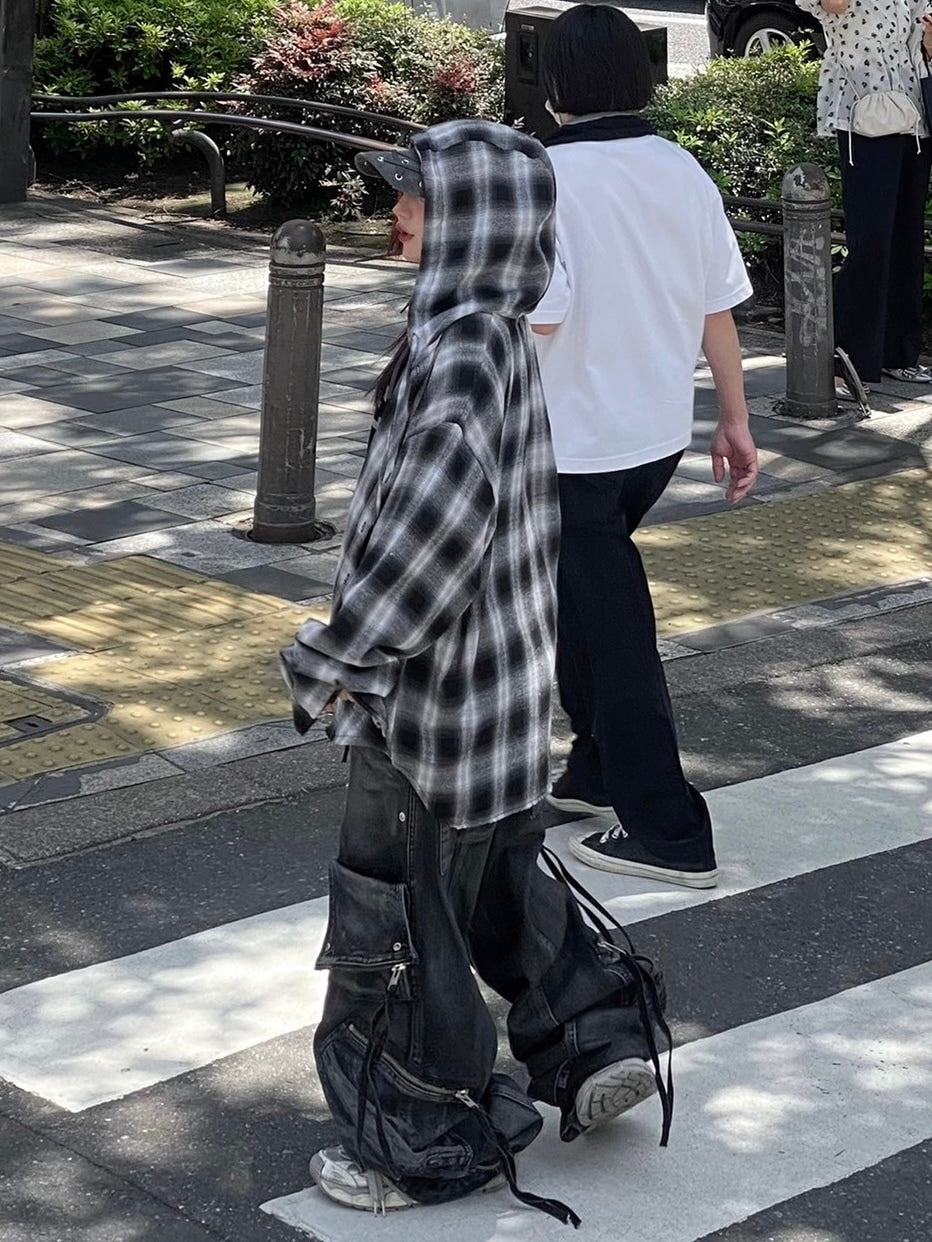 受注制【Never mind the XU】check hood shirt / 【ネバーマインドザエックスユー】チェックフード長袖シャツ