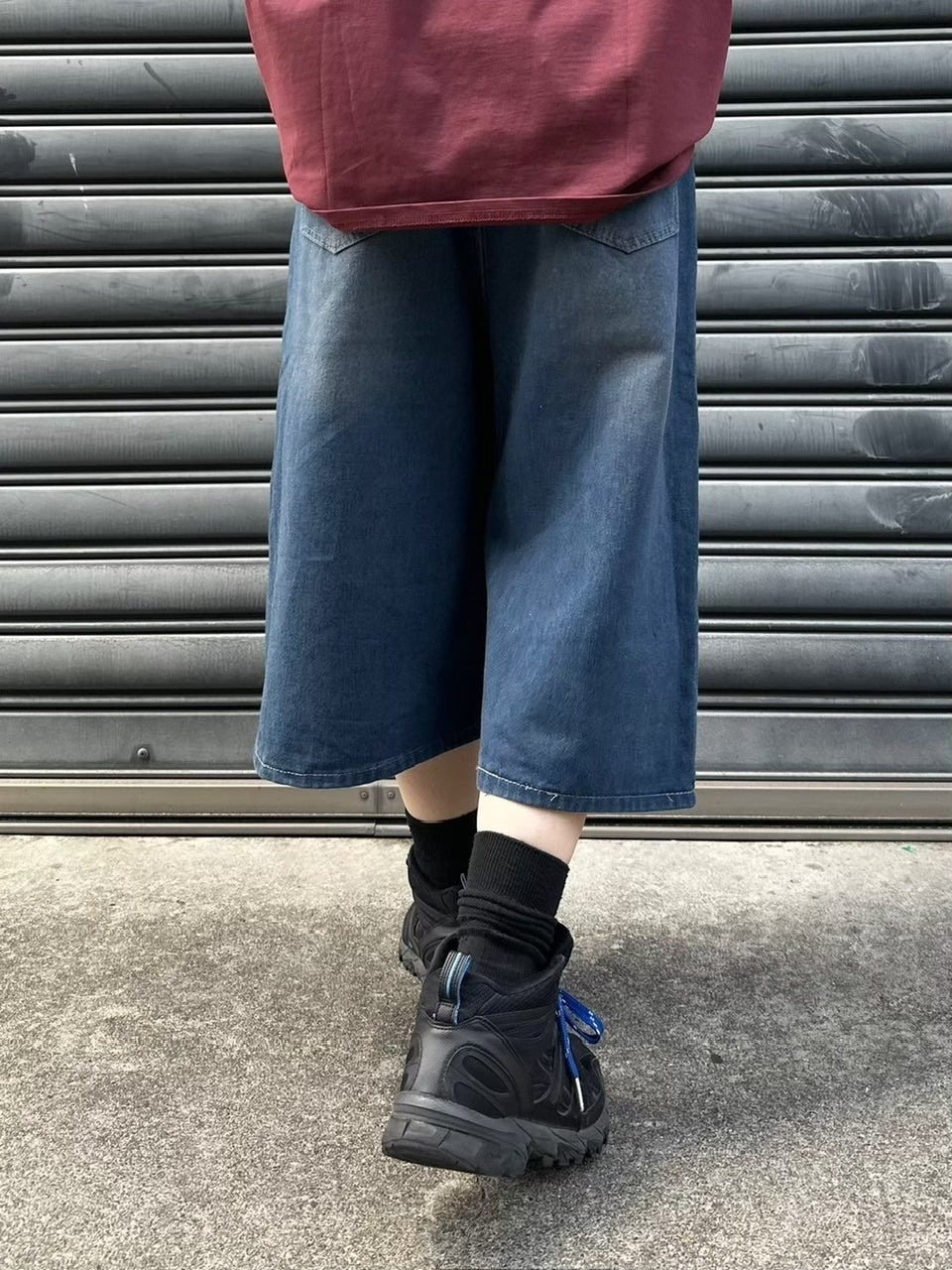 【Chikashitsu +】vintage wash wide denim half pants (2color)