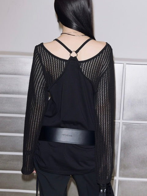 【NOT KNOWING】Net Sleeve Neck Strap O-Ring Top