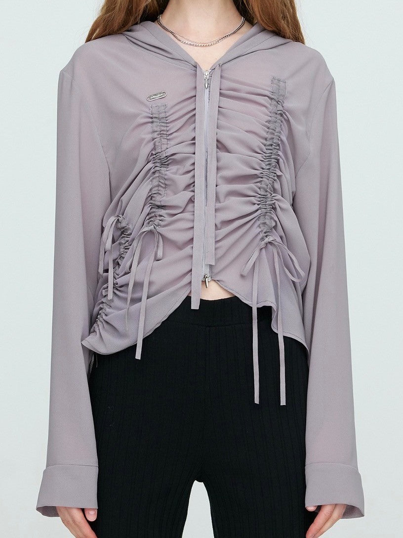 【NACHE】SHIRRING CHIFFON HOODIE ZIP-UP