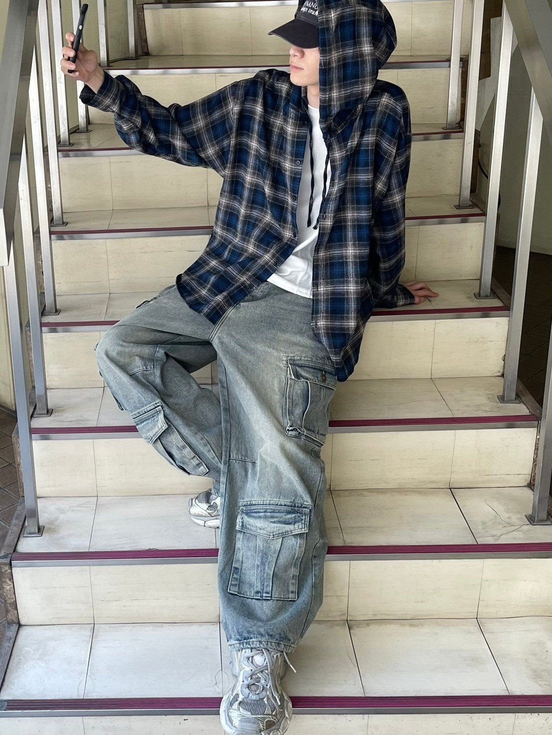 受注制【Chikashitsu +】glen check hooded shirt (2color) / 【チカシツプラス】グレンチェックフード長袖シャツ