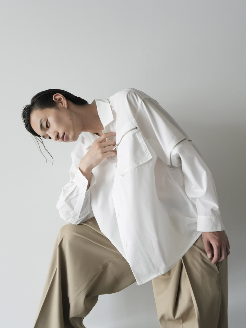 【CS】2way zip square cut shirt (white) / 【シーエス】2ウェイジップスクエアカット長袖シャツ