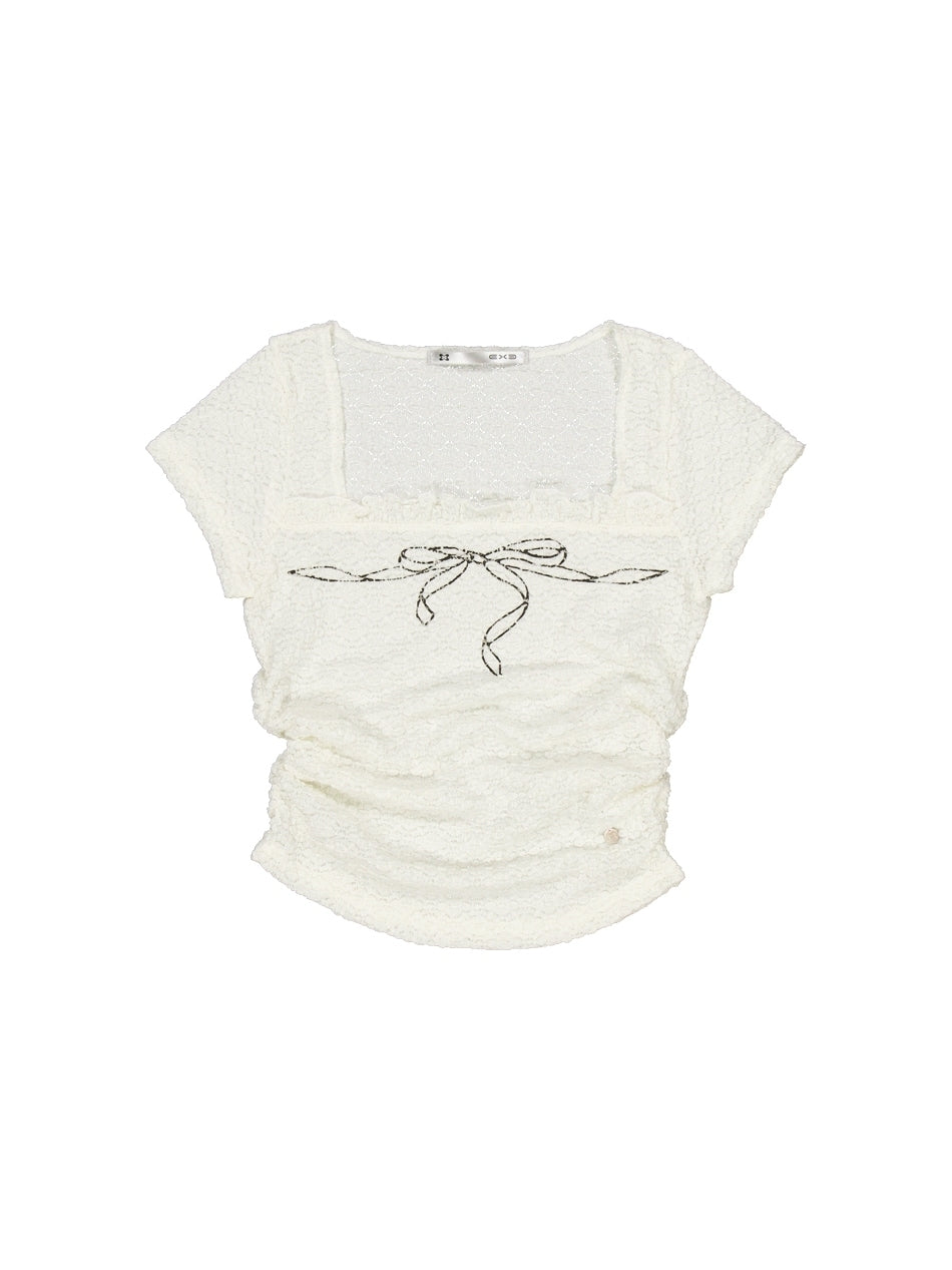 【SETUP‐EXE】FRILL BOW CROP TOP / 【セットアップエグゼ】フリルクロップリボンロゴプリント半袖Tシャツ