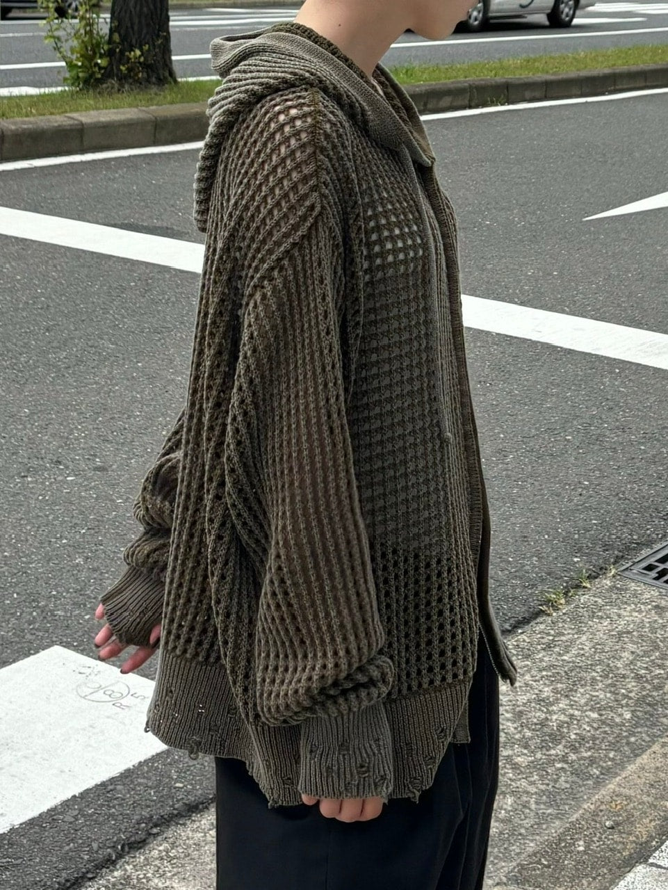 大阪店WEB限定受注制【Chikashitsu +】mesh zip damage hoodie (2color) / 【チカシツプラス】メッシュダメージジップアップ長袖パーカー